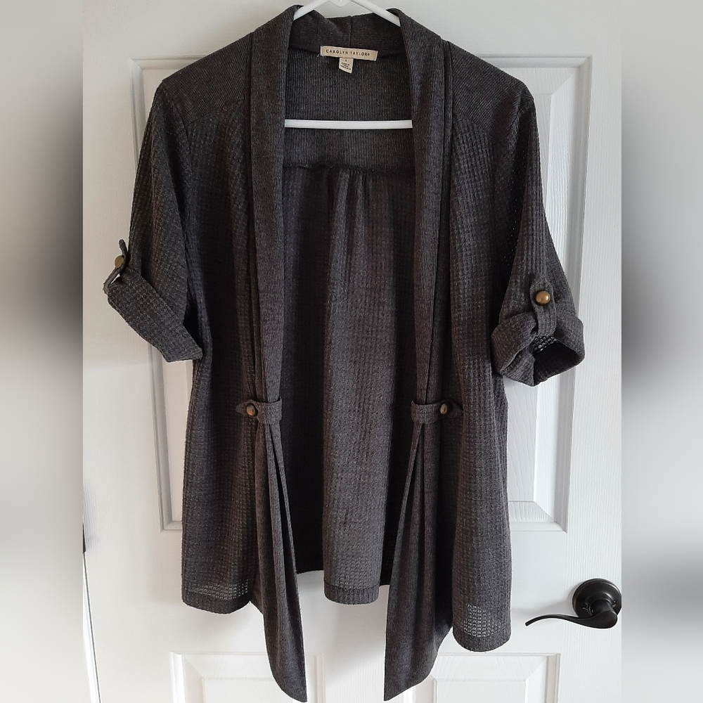 CAROLYN TAYLOR - Cute Open Front Solid Charcoal Cardigan - Size: L